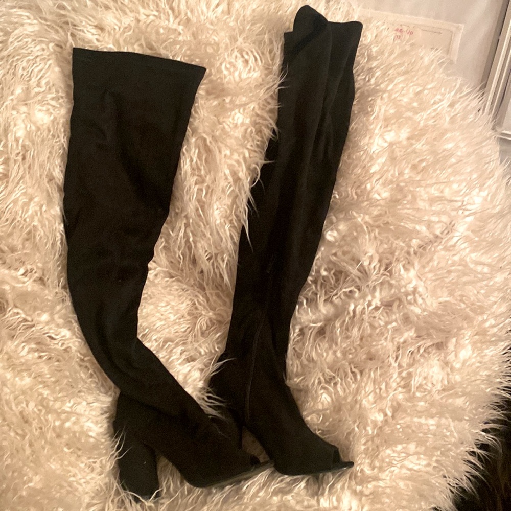 Black over the knee, round chunky heel peep toe boots